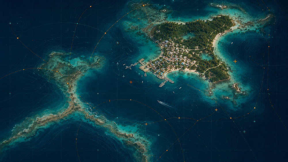 Pacific island survey-map artwork with coastline detail and control routes
