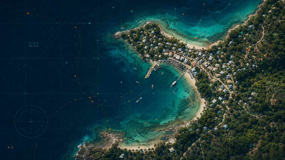 Blue Pacific survey-map coastline artwork with control points and route lines