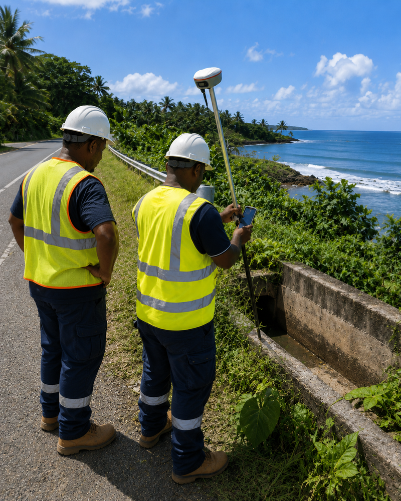 Two surveyors using a ComNav Jupiter GNSS receiver beside a coastal road